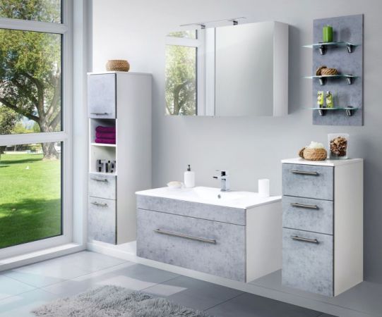 Badezimmer Badmöbel Set "Viva" in Stone Design grau und weiß 5-teilig inkl. Waschbecken und LED 150 x 190 cm