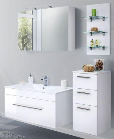 Badezimmer Badmöbel Set Viva in weiß Hochglanz 7-teilig inkl. Waschbecken und LED 150 x 190 cm
