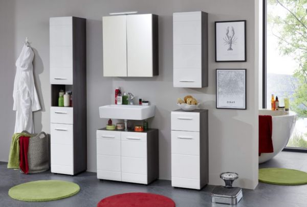 Badezimmer Badmbel Set Line  in wei Hochglanz und Sardegna grau Rauchsilber 3-teilig 115 x 182 cm