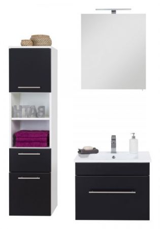 Badezimmer Badmöbel Set "Viva" in schwarz Seidenglanz und weiß 5-teilig inkl. Waschbecken und LED 110 x 190 cm