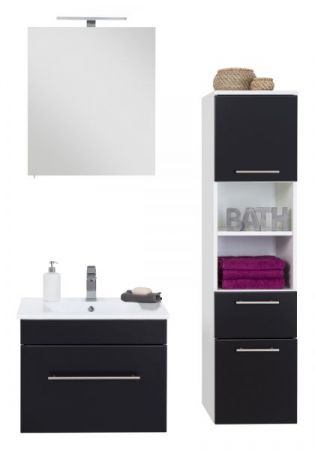 Badezimmer Badmöbel Set "Viva" in schwarz Seidenglanz und weiß 5-teilig inkl. Waschbecken und LED 110 x 190 cm