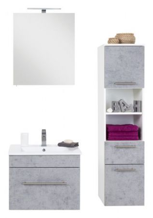 Badezimmer Badmöbel Set "Viva" in Stone Design grau und weiß 5-teilig inkl. Waschbecken und LED 110 x 190 cm