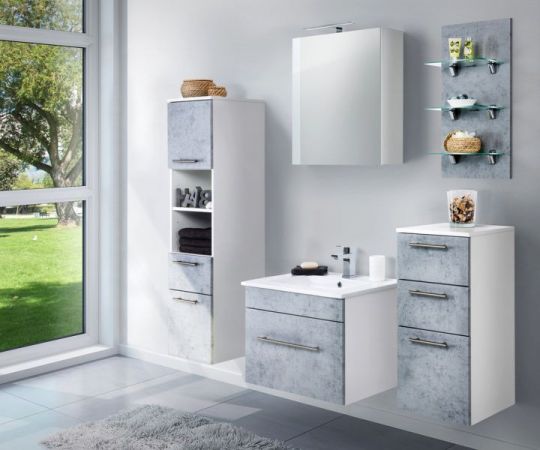 Badezimmer Badmöbel Set "Viva" in Stone Design grau und weiß 5-teilig inkl. Waschbecken und LED 110 x 190 cm