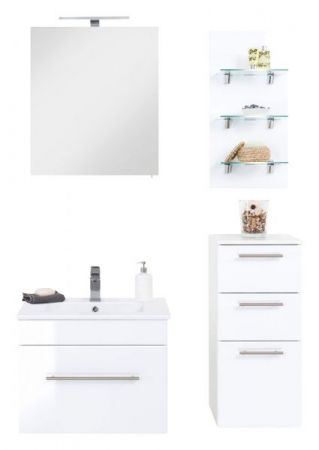 Badezimmer Badmöbel Set "Viva" in weiß Hochglanz 7-teilig inkl. Waschbecken und LED 110 x 190 cm