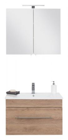 Badezimmer Badmöbel Set "Viva" in Sonoma Eiche hell und weiß 4-teilig inkl. Waschbecken und LED 75 x 190 cm