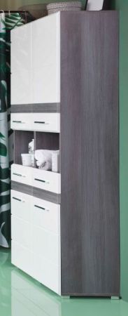 Badmbel Hochschrank SetOne in Hochglanz wei und Sardegna grau Rauchsilber Badschrank 73 x 182 cm