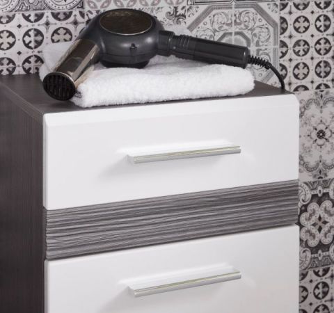 Badmbel Hochschrank SetOne in Hochglanz wei und Sardegna grau Rauchsilber Badschrank 73 x 182 cm
