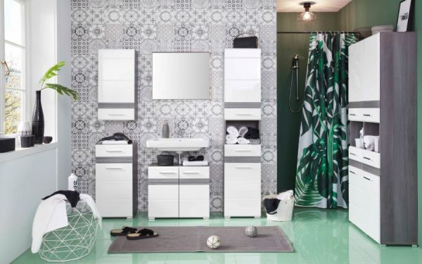 Badmbel Hochschrank SetOne in Hochglanz wei und Sardegna grau Rauchsilber Badschrank 73 x 182 cm