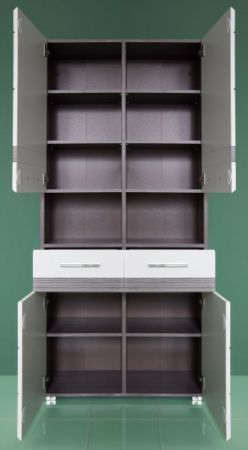 Badmbel Hochschrank SetOne in Hochglanz wei und Sardegna grau Rauchsilber Badschrank 73 x 182 cm