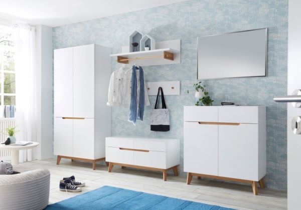 Garderobenschrank Cervo in matt wei echt Lack mit Asteiche massiv Garderobe und Schuhschrank 85 x 196 cm