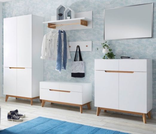 Garderobenkombination Cervo in matt wei echt Lack mit Asteiche massiv Garderobe Set 6-tlg. 297 x 196 cm