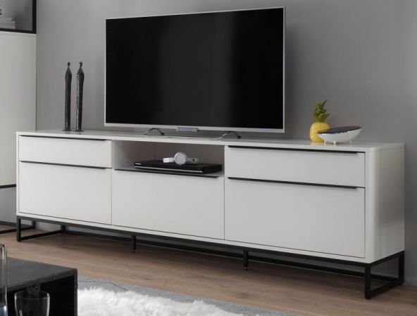 TV-Lowboard Lille wei matt lackiert Fernsehtisch mit Metallgestell schwarz 215 x 69 cm TV in Komforthhe