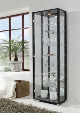 Glasvitrine in schwarz 2-türig mit Spiegelrückwand und LED 58 x 172 cm