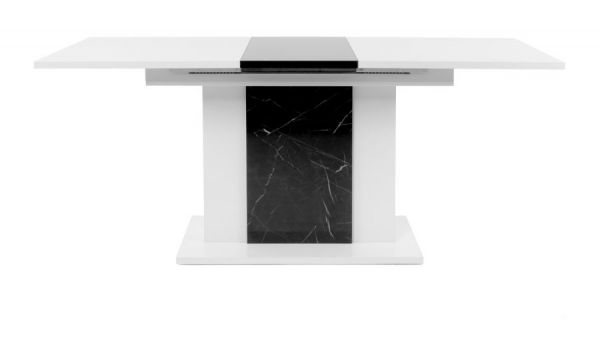 Esstisch "Brügge" in weiß Hochglanz und Marmor - Optik ausziehbar mit Einlegeplatte 140 / 180 x 80 cm
