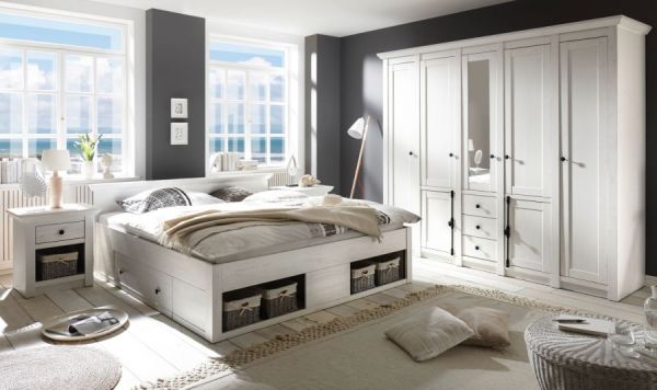 Schlafzimmer komplett Hooge in Pinie wei Landhaus Set mit Doppelbett, Kleiderschrank und 2 x Nachttisch