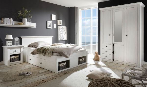 Schlafzimmer komplett Hooge in Pinie wei Landhaus Set mit Bett, Kleiderschrank und Nachttisch