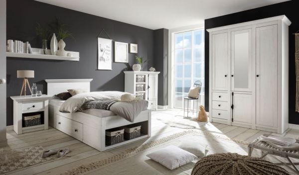 Schlafzimmer komplett Hooge in Pinie wei Landhaus Set mit Bett, Kleiderschrank, Kommode und Nachttisch