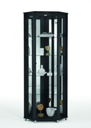 Eckvitrine in schwarz 1-türig mit Spiegelrückwand und LED Glasvitrine 71 x 172 cm
