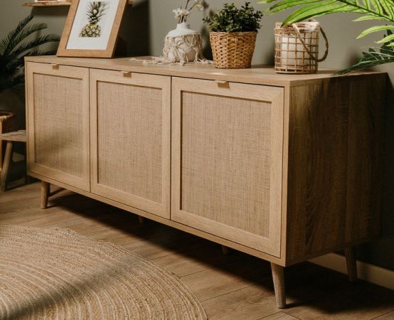 Sideboard Bali in Sonoma Eiche mit Bast - Dekor Kommode skandinavisch 150 x 71 cm