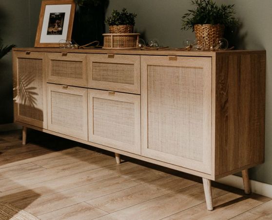 Sideboard Bali in Sonoma Eiche mit Bast - Dekor Kommode skandinavisch 180 x 71 cm