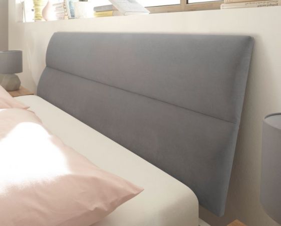 Bett Helge in wei und Eiche Riviera Einzelbett skandinavisch mit Polsterkopfteil in grau Liegeflche 140 x 200 cm