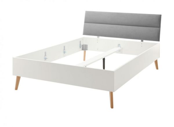 Bett Helge in wei und Eiche Riviera Einzelbett skandinavisch mit Polsterkopfteil in grau Liegeflche 140 x 200 cm