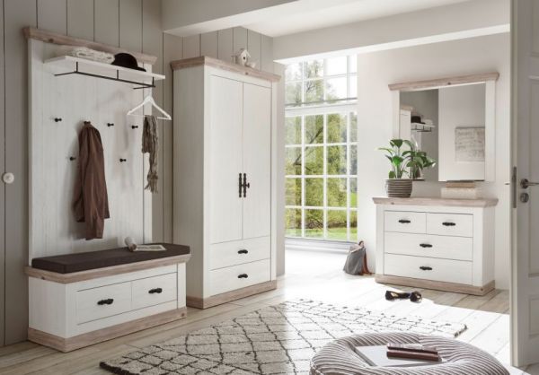 Garderobenkombination Rovola in Pinie wei / Oslo Pinie Landhaus Garderobe Set 4-tlg. 224 x 201 cm