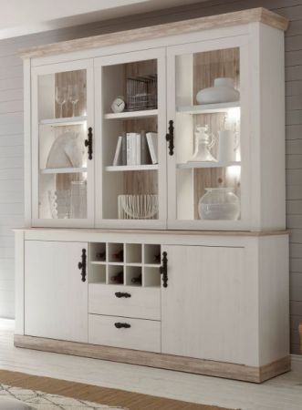 Buffetschrank Rovola in Pinie wei / Oslo Pinie Landhaus Vitrinenschrank mit Weinregal 184 x 205 cm