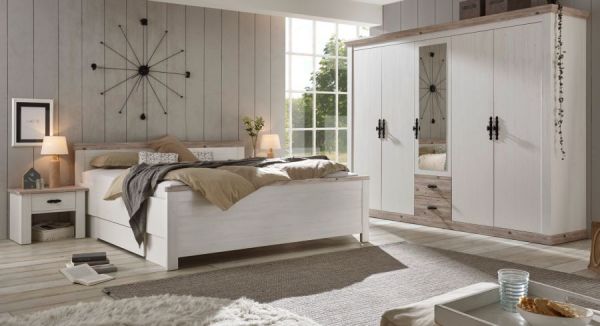 Schlafzimmer komplett Rovola in Pinie wei / Oslo Pinie Landhaus Komplettzimmer mit Doppelbett, Kleiderschrank und 2 x Nachttisch