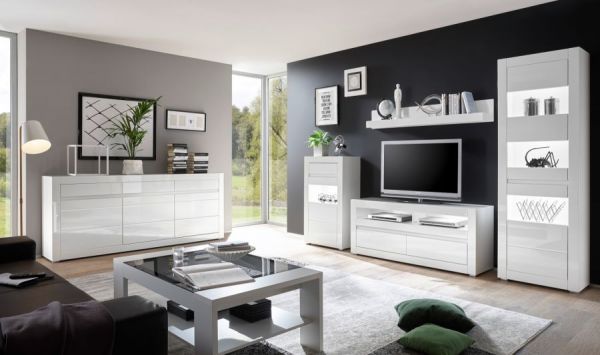 Vitrine Nobile in wei Hochglanz und Stone Design grau Vitrinenschrank 66 x 112 cm Kommode
