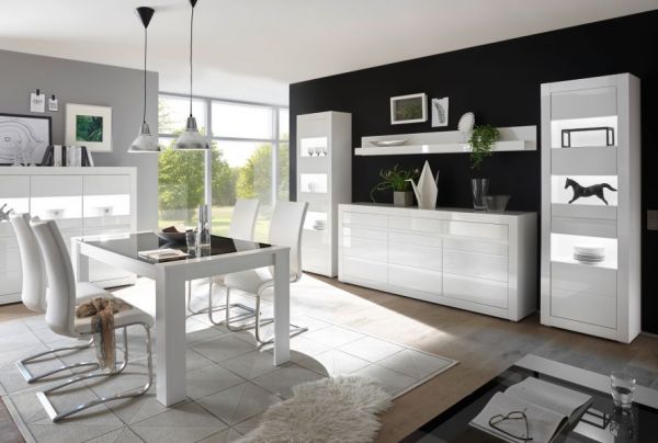 Vitrine Nobile in wei Hochglanz und Stone Design grau Vitrinenschrank 66 x 112 cm Kommode