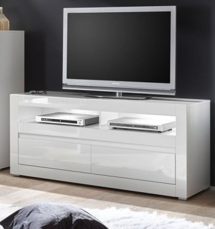 TV-Lowboard Nobile in Hochglanz wei und Stone Design grau TV-Unterteil in Komforthhe 150 x 63 cm