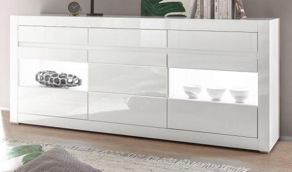 Sideboard Nobile in wei Hochglanz und Stone Design grau Kommode 217 x 90 cm