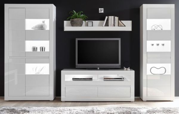 Wohnwand Nobile in Hochglanz wei und Stone Design grau Anbauwand 4-teilig 336 x 198 cm