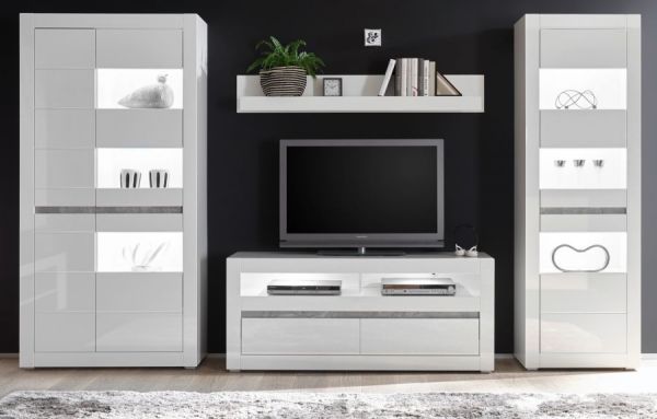 Wohnwand Nobile in Hochglanz wei und Stone Design grau Anbauwand 4-teilig 336 x 198 cm