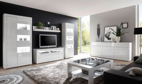 Wohnwand Nobile in Hochglanz wei und Stone Design grau Anbauwand 4-teilig 336 x 198 cm