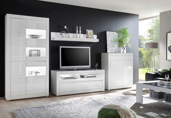 Wohnwand Nobile in Hochglanz wei und Stone Design grau Anbauwand 4-teilig 370 x 198 cm
