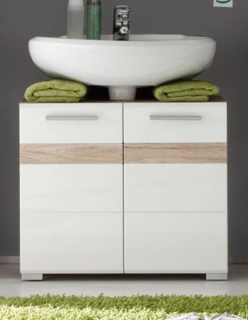 Badezimmer Waschbeckenunterschrank "SetOne" in weiß Hochglanz und Eiche hell Badschrank 60 x 56 cm
