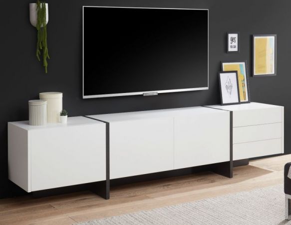 TV-Lowboard Design-M in wei matt und Fresco grau Flat TV Unterschrank in Komforthhe 250 x 60 cm XXL-Board