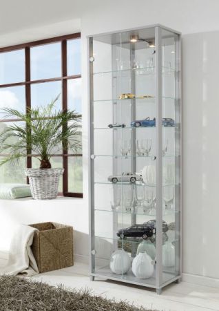 Glasvitrine in weiß 2-türig mit Spiegelrückwand und LED 58 x 172 cm