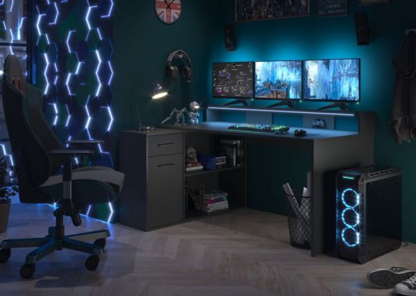 Schreibtisch Gamer in anthrazit matt Eckschreibtisch mit Schubkasten 160 - 200 x 92 cm Gamingtisch