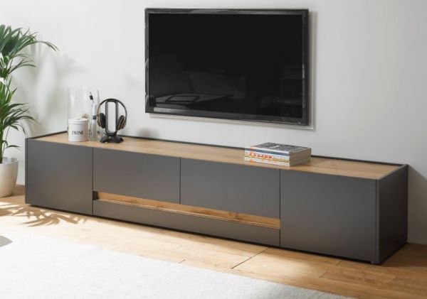 TV-Lowboard Center in grau matt und Wotan Eiche TV-Unterteil 220 x 40 cm TV-Board XL
