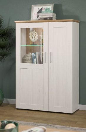Vitrine Shade in Andersen Pinie wei und Artisan Eiche Landhaus Highboard 95 x 140 cm