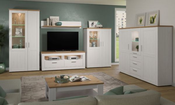 Vitrine Shade in Andersen Pinie wei und Artisan Eiche Landhaus Highboard 95 x 140 cm