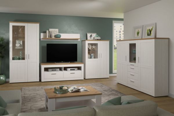 Vitrine Shade in Andersen Pinie wei und Artisan Eiche Landhaus Vitrinenschrank 95 x 194 cm