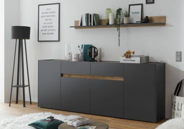 Sideboard Center in grau matt und Wotan Eiche Kommode 220 x 87 cm