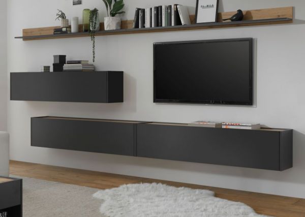 Wohnwand Center in grau matt und Wotan Eiche 5-teilig mit XXL TV-Board 340 x 180 cm