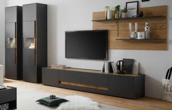 Wohnwand Center in grau matt und Wotan Eiche 4-teilig 400 x 197 cm mit XL-TV-Schrank