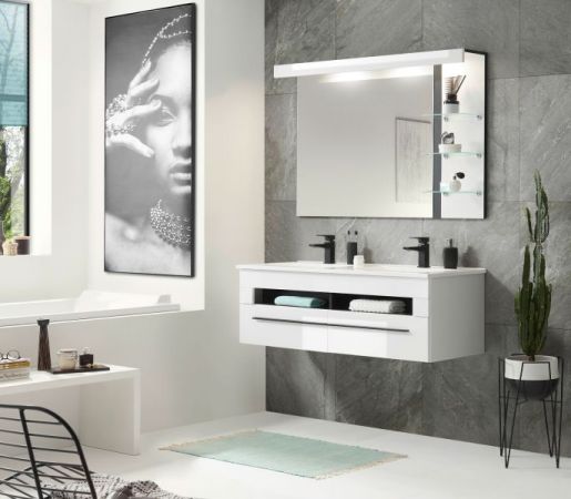 Badezimmer Spiegel Design-D in wei Hochglanz und schwarz Badspiegel mit Ablage und LED Beleuchtung 120 x 85 cm
