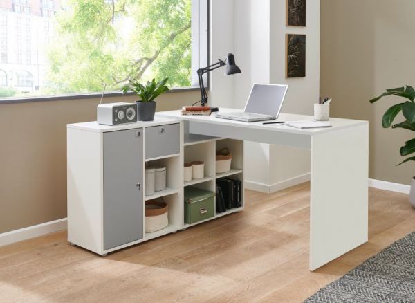 Schreibtisch in wei und grau Eckschreibtisch mit Stauraum abschliebar 138 x 138 cm